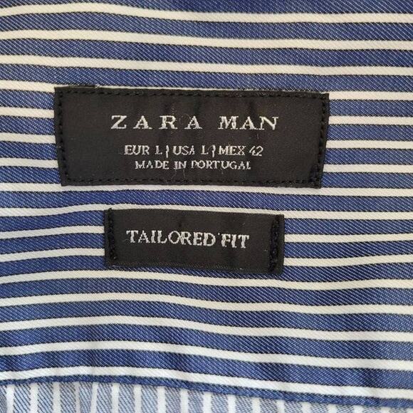 Zara Men's Blue Stripe Tailored Fit Button Up Shirt Cotton Collared Soft Size L - Picture 5 of 6